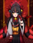  1girl animal_ears arm_belt bangs bell belt belt_buckle black_belt black_hakama blue_eyes bow bowtie buckle eyebrows eyebrows_visible_through_hair eyes_visible_through_hair gen_7_pokemon gloves hair_bell hair_ornament hakama hakama_skirt hand_up haori heterochromia highres hime_(ohime_pkg) incineroar japanese_clothes jingle_bell long_hair long_sleeves multicolored_hair open_mouth personification pokemon red_bow red_gloves red_neckwear sidelocks slit_pupils solo streaked_hair striped_tail tail tears tiger_ears tiger_tail yellow_eyes 
