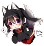  ! 1girl ahoge animal_ears black_hair black_hoodie cartoon_bone collar commentary_request dated dog_ears dog_tail eyebrows_visible_through_hair hair_between_eyes hood hood_down hoodie konshin long_sleeves looking_at_viewer mouth_hold original pantyhose pleated_skirt red_legwear signature simple_background skirt sleeves_past_fingers solo spoken_exclamation_mark tail twintails violet_eyes white_background 