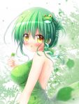  1girl alternate_hairstyle backless_outfit bare_shoulders blush clover commentary_request dress folded_ponytail four-leaf_clover frog_hair_ornament green_dress green_hair hair_between_eyes hair_ornament highres kochiya_sanae leaf long_hair looking_at_viewer open-back_dress open_mouth osashin_(osada) snake_hair_ornament solo touhou upper_body yellow_eyes 