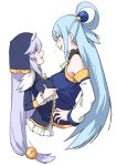  2girls aqua_(konosuba) bare_shoulders blue_eyes blue_hair breast_envy breast_grab breast_press breasts cropped_torso detached_sleeves eris_(konosuba) from_side grabbing hair_ornament half-closed_eyes highres kono_subarashii_sekai_ni_shukufuku_wo! long_hair long_sleeves looking_at_another medium_breasts muchi_maro multiple_girls rivalry silver_hair skirt sleeveless small_breasts smile smirk sweatdrop symmetrical_docking very_long_hair 