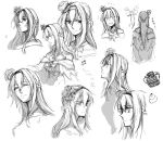 1girl artist_name bangs bare_shoulders blush braid chains closed_eyes constricted_pupils crown dated dress eyebrows_visible_through_hair flower flying_sweatdrops french_braid greyscale hair_between_eyes hair_ornament hairband jewelry jitome kantai_collection long_hair mini_crown monochrome multiple_views necklace off-shoulder_dress off_shoulder open_mouth parted_lips ribbon rose round_teeth shaded_face simple_background smile sweat teeth warspite_(kantai_collection) white_background yamada_rei_(rou) 