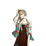  1girl alternate_costume animal animal_on_shoulder artist_request bangs bird bird_on_shoulder blush bow brown_eyes brown_hair brown_hakama floral_print hair_ornament hairclip hakama holding japanese_clothes kimono lace long_hair looking_at_viewer love_live! love_live!_school_idol_festival love_live!_school_idol_project meiji_schoolgirl_uniform minami_kotori official_art one_side_up open_mouth smile solo transparent_background umbrella wide_sleeves 