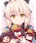  &gt;_&lt; 1boy 3girls :d ahoge bangs black_bow black_hair black_hat black_scarf blush bow brown_eyes brown_hair chacha_(fate/grand_order) chibi closed_eyes closed_mouth commentary_request eyebrows_visible_through_hair family_crest fate/grand_order fate_(series) hair_between_eyes hair_bow haori hat japanese_clothes koha-ace light_brown_hair long_hair long_sleeves minigirl multiple_girls o_o object_hug oda_nobukatsu_(fate/grand_order) oda_nobunaga_(fate) oda_uri okita_souji_(fate) open_mouth peaked_cap red_hat red_scarf rioshi scarf smile wavy_mouth xd 