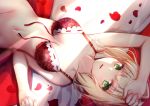 1girl arm_up bare_arms bare_shoulders bed_sheet blonde_hair bottomless bra breasts closed_mouth collarbone commentary dutch_angle fate/extra fate_(series) fingernails front-tie_bra green_eyes groin hand_up lingerie long_hair looking_at_viewer lying medium_breasts nail_polish navel nero_claudius_(fate) nero_claudius_(fate)_(all) no_panties on_back out-of-frame_censoring petals pink_nails red_bra red_lingerie revision rose_petals sidelocks solo underwear underwear_only untied_bra yan_(nicknikg)