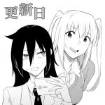  2girls :d bags_under_eyes blazer blush cellphone commentary_request dress_shirt holding holding_phone jacket kuroki_tomoko monochrome multiple_girls necktie nemoto_hina open_mouth origuchi_mizu phone release_date school_uniform shirt simple_background smartphone smile sweatdrop sweater two_side_up watashi_ga_motenai_no_wa_dou_kangaetemo_omaera_ga_warui! white_background 