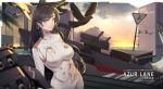  1girl animal_ears atago_(azur_lane) azur_lane bangs bird black_hair blurry_foreground blush breasts brown_eyes building closed_mouth clouds dock eyebrows_visible_through_hair gloves hair_ornament hair_ribbon highres large_breasts long_hair looking_at_viewer machinery military military_uniform miniskirt mole mole_under_eye ocean pandea_work ribbon rigging skirt smile solo sunset swept_bangs thigh-highs uniform water 