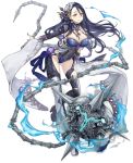  1girl black_hair breasts flail full_body grey_eyes high_heels jino kaguya_hime_(sinoalice) large_breasts long_hair looking_at_viewer official_art sinoalice skin_tight skull smile solo transparent_background weapon wide_sleeves 