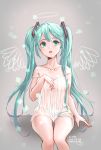  1girl aqua_eyes aqua_hair artist_name character_name chemise collarbone dated grey_background hatsune_miku long_hair myochyo open_mouth panties see-through sitting solo strap_slip twintails underwear very_long_hair vocaloid white_panties 