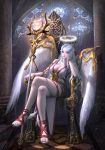  1girl absurdres blue_hair breasts cleavage commentary halo heart highres inside large_breasts legs_crossed long_hair looking_at_viewer multicolored multicolored_clothes original peachpa red_eyes red_footwear sitting solo stained_glass throne wings 