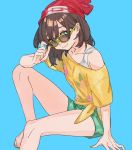  1girl barefoot beanie blue_background blue_eyes brown_hair cropped_legs floral_print green-framed_eyewear green_shorts hat itou_(very_ito) looking_at_viewer mizuki_(pokemon) no_shoes off-shoulder_shirt pokemon pokemon_(game) pokemon_sm red_hat shirt short_hair short_shorts short_sleeves shorts simple_background smile solo sunglasses t-shirt tied_shirt yellow_shirt 