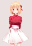  1girl arms_behind_back bandage bandaged_head bangs blonde_hair blush breasts cowboy_shot frown grey_background hair_ribbon highres long_sleeves looking_at_viewer medium_breasts original piripun red_eyes red_ribbon red_shirt ribbon shirt short_hair signature simple_background skirt solo standing white_skirt wing_collar 