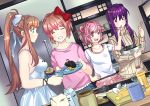  4girls :d absurdres bow brown_hair casual closed_eyes commentary cupcake doki_doki_literature_club dutch_angle english_commentary eyebrows_visible_through_hair fang food green_eyes grin hair_bow hair_ornament hair_ribbon hairclip hand_on_hip highres indoors long_hair mixing_bowl monika_(doki_doki_literature_club) multiple_girls natsuki_(doki_doki_literature_club) open_mouth pink_eyes pink_hair plate ponytail purple_hair red_bow red_ribbon ribbon sayori_(doki_doki_literature_club) short_hair smile violet_eyes white_ribbon wightricealex yuri_(doki_doki_literature_club) 