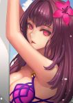  1girl bikini breasts cleavage fate/grand_order fate_(series) flower hair_flower hair_ornament highres large_breasts long_hair looking_at_viewer purple_hair red_eyes scathach_(fate/grand_order) scathach_(swimsuit_assassin)_(fate) solo ssal swimsuit upper_body 