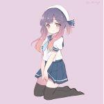  1girl black_legwear blue_neckwear blue_ribbon blue_skirt buttons emia_wang gradient_hair hat kantai_collection kneeling looking_at_viewer multicolored_hair neckerchief orange_hair pleated_skirt puffy_short_sleeves puffy_sleeves purple_background purple_hair ribbon sailor_hat school_uniform serafuku short_hair short_sleeves sidelocks simple_background skirt smile solo thigh-highs tsushima_(kantai_collection) violet_eyes white_hat 