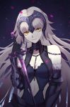  1girl ahoge armor armored_dress bare_shoulders between_breasts breasts chains collarbone fate/grand_order fate_(series) fur_trim gauntlets headpiece jeanne_d&#039;arc_(alter)_(fate) jeanne_d&#039;arc_(fate) jeanne_d&#039;arc_(fate)_(all) large_breasts long_hair navel navel_cutout silver_hair solo sword very_long_hair weapon xueding yellow_eyes 