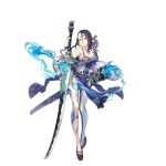  1girl asymmetrical_legwear black_hair breasts full_body grey_eyes hair_ornament hairpin jino kaguya_hime_(sinoalice) large_breasts nail_polish official_art platform_footwear sandals sheath sinoalice solo sword tattoo transparent_background weapon 