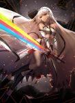  1girl altera_(fate) bangs bare_shoulders black_footwear black_legwear blurry blurry_background breasts commentary_request crop_top dark_skin depth_of_field detached_sleeves eyebrows_visible_through_hair fate/extella fate/extra fate_(series) hair_between_eyes holding holding_sword holding_weapon kneehighs long_sleeves mallizmora photon_ray red_eyes shoes short_hair silver_hair small_breasts solo sword torn_clothes torn_veil veil weapon 