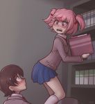  1boy 1girl angry artist_name blue_skirt blush bookshelf brown_hair commentary d: doki_doki_literature_club english_commentary eyes_visible_through_hair fang hair_ornament hair_ribbon hairclip highres looking_at_another natsuki_(doki_doki_literature_club) open_mouth piesarts pink_eyes pink_hair profile protagonist_(doki_doki_literature_club) red_ribbon ribbon school_uniform short_hair signature skirt sweatdrop two_side_up yellow_eyes 