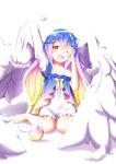  1girl absurdres angel angel_wings aoi_thomas arm_up bangs bare_shoulders blonde_hair blue_hair blurry blurry_background blush brown_eyes collarbone commentary_request depth_of_field dress eyebrows_visible_through_hair feathered_wings feathers globe gradient_hair hair_between_eyes halo highres long_hair long_sleeves multicolored_hair one_eye_closed open_mouth original purple_hair single_sleeve sitting sleeves_past_fingers sleeves_past_wrists solo very_long_hair wariza white_background white_dress white_feathers white_wings wings 
