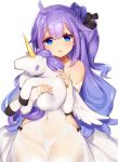  1girl azur_lane bangs bare_shoulders black_bow blush bow covered_navel detached_sleeves dress eyebrows_visible_through_hair hair_between_eyes hair_bun halterneck hips long_hair looking_at_viewer object_hug one_side_up open_mouth purple_hair side_bun simple_background solo stuffed_pegasus stuffed_toy thighs unicorn_(azur_lane) violet_eyes white_background white_dress yamaarashi 