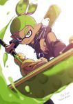  1boy artist_name bike_shorts black_footwear blurry_foreground boots closed_mouth commentary_request dark_skin dark_skinned_male domino_mask dynamo_roller_(splatoon) green_eyes green_hair holding holding_weapon ink_tank_(splatoon) inumaru_akagi jacket leather leather_jacket leg_up long_sleeves looking_at_viewer male_focus mask nail_polish pixiv_id pointy_ears rider-kun_(splatoon) scrunchie signature smile solo splatoon splatoon_(manga) standing standing_on_one_leg tentacle_hair topknot v-shaped_eyebrows weapon 