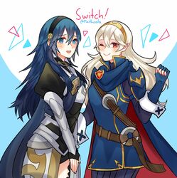  2girls absurdres armor armored_dress blue_eyes blue_hair blush cape commentary cosplay eyebrows_visible_through_hair faithoala female_my_unit_(fire_emblem_if) female_my_unit_(fire_emblem_if)_(cosplay) fire_emblem fire_emblem:_kakusei fire_emblem_heroes fire_emblem_if fire_emblem_musou hair_ornament highres long_hair looking_at_viewer lucina lucina_(cosplay) multiple_girls my_unit_(fire_emblem_if) one_eye_closed pointy_ears red_eyes smile tiara twitter_username white_hair 