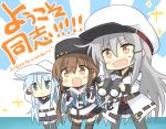  3girls anchor anchor_necklace binoculars black_bow black_gloves black_hat black_legwear black_skirt blue_eyes blue_shawl bow brown_eyes brown_hair brown_legwear chibi commentary_request facial_scar fingerless_gloves flat_cap gangut_(kantai_collection) gloves grey_hair hair_between_eyes hat hibiki_(kantai_collection) highres hizuki_yayoi jacket kantai_collection long_hair low_twintails military_jacket multiple_girls orange_eyes pantyhose papakha peaked_cap pleated_skirt ribbon_trim russian scar scar_on_cheek scarf shawl silver_hair skirt tashkent_(kantai_collection) thigh-highs torn_scarf translation_request twintails v-shaped_eyebrows verniy_(kantai_collection) white_hat white_jacket white_scarf 