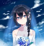  1girl ahoge bangs bare_shoulders bird blue_eyes blue_sky blush bouquet braid breasts bridal_veil choker cleavage closed_mouth clouds collarbone day dress elbow_gloves flower gloves hair_between_eyes hair_flaps hair_ornament hair_over_shoulder happy_tears head_tilt highres holding holding_bouquet kantai_collection long_hair medium_breasts outdoors punya remodel_(kantai_collection) shigure_(kantai_collection) sidelocks single_braid sky smile tearing_up tears upper_body veil wedding_dress white_choker white_dress white_gloves 