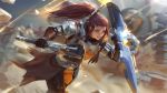  1girl 2boys armor blurry brigitte_(overwatch) brown_eyes brown_hair bullet debris depth_of_field dust energy_shield freckles glowing hair_ornament hairclip hammer mace multiple_boys overwatch ponytail raikoart reinhardt_(overwatch) rock running shield smile solo_focus torbjorn_(overwatch) weapon 