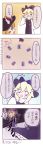  3girls 4koma blush_stickers bow card comic commentary_request cookie_(touhou) dress frilled_hat frills hat hat_bow kirisame_marisa l14ntr long_sleeves meguru_(cookie) multiple_girls rei_(cookie) touhou translation_request yuuhi_(cookie) 