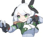  android cheri_zao crop_top fighting_stance fingerless_gloves gloves green_eyes headgear kung_fu original smile white_hair 