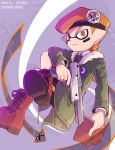  1boy army-kun_(splatoon) artist_name beret black_shorts book boots closed_mouth coat commentary_request cross-laced_footwear domino_mask dress_shirt echolocator_(splatoon) emblem facepaint frown green_coat hat holding holding_book holding_weapon inumaru_akagi invisible_chair jacket lace-up_boots legs_crossed long_sleeves male_focus mask n-zap_(splatoon) open_clothes open_coat orange_eyes orange_hair pixiv_id pointy_ears red_footwear shirt shorts sitting solo sparkle splatoon splatoon_(manga) tentacle_hair weapon white_shirt 