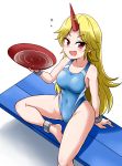  1girl alcohol bench blonde_hair bowl competition_swimsuit covered_navel cuffs cup fang horn hoshiguma_yuugi kousei_(public_planet) looking_at_viewer one-piece_swimsuit oni open_mouth pointy_ears red_eyes sakazuki sake shackles simple_background sitting smile solo swimsuit touhou white_background 
