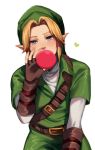  1boy belt blonde_hair blue_eyes brown_gloves bubble_blowing chewing_gum fingerless_gloves gloves green_hat hat heart highres link male_focus pointy_ears rin2010 solo the_legend_of_zelda tunic upper_body white_background 
