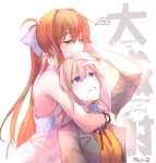  2girls absurdres artist_name artist_self-insert blush bow bracelet brown_hair chinese doki_doki_literature_club dress green_eyes grin hair_between_eyes hair_bow hand_on_another&#039;s_cheek hand_on_another&#039;s_face highres hug hug_from_behind jewelry long_hair medium_hair monika_(doki_doki_literature_club) multiple_girls one_eye_closed orange_hair pin.s ponytail school_uniform sidelocks sleeves_rolled_up smile very_long_hair violet_eyes white_dress yuri 