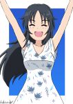  1girl :d artist_name bangs blue_background blue_dress blue_eyes blue_hair bukkuri commentary dated dress eyebrows_visible_through_hair facing_viewer floral_print freckles girls_und_panzer long_hair medium_dress open_mouth outside_border print_dress short_sleeves signature smile solo yamagou_ayumi 