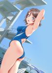  1girl armpits arms_up ass blue_eyes blue_sky blue_swimsuit blush breasts brown_hair commentary_request competition_swimsuit cowboy_shot diving_platform dutch_angle erect_nipples from_behind highres keisuke_(0320030103200301) legs_together looking_at_viewer looking_back love_live! love_live!_sunshine!! medium_breasts one-piece_swimsuit open_mouth outdoors short_hair sky smile solo standing swimsuit watanabe_you 
