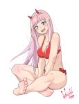  1girl :d barefoot bikini breasts darling_in_the_franxx full_body green_eyes hairband highres hori_shin indian_style looking_at_viewer medium_breasts oni_horns open_mouth pink_hair red_bikini red_horns simple_background sitting smile solo straight_hair swimsuit teeth toes white_background white_hairband zero_two_(darling_in_the_franxx) 