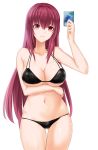  1girl bikini black_bikini breasts byakuyayayayaya card cleavage collarbone fate/grand_order fate_(series) groin highres holding holding_card large_breasts long_hair looking_at_viewer navel purple_hair scathach_(fate/grand_order) smile solo swimsuit thigh_gap violet_eyes white_background yu-gi-oh! 