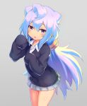  1boy blue_hair blush crossdressinging hacka_doll hacka_doll_3 highres long_hair long_sleeves looking_at_viewer male_focus ponytail skirt sleeves_past_fingers sleeves_past_wrists solo sweater tgh326 trap very_long_hair violet_eyes 