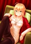  1girl ahoge black_legwear blonde_hair braid chair commentary_request fate/extra fate_(series) french_braid green_eyes grin highres jewelry long_hair looking_at_viewer necklace nero_claudius_(fate) nero_claudius_(fate)_(all) off-shoulder_sweater pantyhose ribbed_sweater shawl shinachiku_(uno0101) short shorts smile solo sweater 