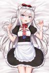  1girl american_flag_legwear animal_ears apron azu_(azusayumix) azur_lane bangs bed_sheet black_dress blue_eyes blush bow breasts cat_ears commentary_request dress eyebrows_visible_through_hair fang fingernails frilled_apron frilled_dress frills hair_between_eyes hair_bow hammann_(azur_lane) hands_up long_hair lying on_back open_mouth print_neckwear puffy_short_sleeves puffy_sleeves red_bow short_sleeves silver_hair small_breasts solo very_long_hair waist_apron white_apron wrist_cuffs 