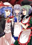  3girls :d ^_^ apron ascot black_coat black_hat blue_dress blue_hair blush bow brooch closed_eyes coat commentary_request dress e.o. eyebrows_visible_through_hair facing_another fang feet_out_of_frame frilled_apron frilled_dress frills green_bow green_dress green_hair green_neckwear green_ribbon hair_bow hand_up hat highres indoors izayoi_sakuya jewelry long_sleeves looking_at_another maid maid_apron maid_headdress multiple_girls neck_ribbon open_mouth puffy_short_sleeves puffy_sleeves red_eyes red_neckwear remilia_scarlet ribbon short_hair short_hair_with_long_locks short_sleeves silver_hair smile standing teireida_mai touhou waist_apron white_apron white_dress wide_sleeves wing_collar yellow_bow 