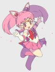  1girl :d bishoujo_senshi_sailor_moon boots bow bowtie bright_pupils chibi_usa circlet elbow_gloves eyebrows eyebrows_visible_through_hair facing_away full_body gem gloves hair_intakes hand_up heart leg_up long_hair looking_at_viewer magical_girl miniskirt miyata_(lhr) open_mouth outstretched_arm pink_footwear pink_hair pink_sailor_collar pink_skirt red_bow red_eyes red_neckwear sailor_chibi_moon sailor_collar school_uniform serafuku shirt short_sleeves silver_background skirt smile solo sparkle tongue twintails white_gloves white_pupils white_shirt 