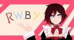  1girl artist_request belt bow bowtie breasts cleavage commentary corset grey_eyes highres looking_at_viewer maid red_neckwear ruby_rose rwby smile solo title 