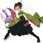  1girl :d absurdres alternate_costume bangs black_hair black_hakama black_legwear blunt_bangs breasts bright_pupils brown_eyes dark_skin dragon eyebrows eyebrows_visible_through_hair facing_away floral_print gen_3_pokemon geta hair_ornament hair_stick hair_up hakama hakama_skirt haori higana_(pokemon) highres hip_vent japanese_clothes legs_apart long_sleeves looking_away mega_pokemon mega_salamence nyonn24 obi open_mouth pantyhose pokemon pokemon_(creature) pokemon_(game) pokemon_oras salamence sash short_hair sleeves_past_fingers small_breasts smile tongue white_pupils wide_sleeves 