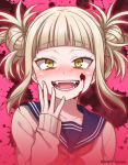  1girl :d artist_name bags_under_eyes blonde_hair blood blood_on_face blood_splatter blush boku_no_hero_academia cardigan double_bun eyebrows_visible_through_hair fangs hand_on_own_face looking_at_viewer mono_land open_mouth pink_background red_neckwear sailor_collar school_uniform serafuku short_twintails simple_background slit_pupils smile solo teeth toga_himiko twintails upper_body yandere_trance yellow_eyes 