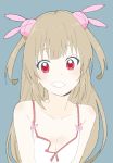  1girl absurdres bangs blush breasts camisole cleavage collarbone donguri_suzume grin hair_ornament hat hat_removed headwear_removed highres light_brown_hair long_hair looking_at_viewer natori_sana red_eyes sana_channel sleeveless small_breasts smile solo two_side_up virtual_youtuber 