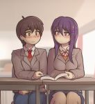  1boy 1girl artist_name blurry blurry_background blush book brown_hair commentary desk doki_doki_literature_club english_commentary eyebrows_visible_through_hair eyes_visible_through_hair hair_between_eyes hair_ornament hairclip highres long_hair open_book piesarts pink_eyes protagonist_(doki_doki_literature_club) purple_hair reading school_desk school_uniform signature sitting smile wavy_mouth yellow_eyes yuri_(doki_doki_literature_club) 