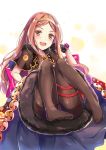  1girl :d bangs black_gloves blush bow brown_capelet brown_eyes brown_hair brown_legwear capelet chacha_(fate/grand_order) commentary_request eyebrows_visible_through_hair fate/grand_order fate_(series) fur-trimmed_capelet fur_trim gloves hand_up highres konka long_hair looking_at_viewer open_mouth panties panties_under_pantyhose pantyhose parted_bangs purple_bow round_teeth smile solo teeth thighband_pantyhose underwear upper_teeth very_long_hair white_background yellow_hairband 